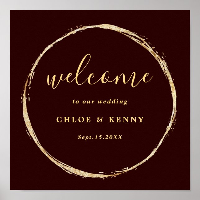 Burgundy & Gold Rustic Gold Circle Wedding Welcome Poster (Front)