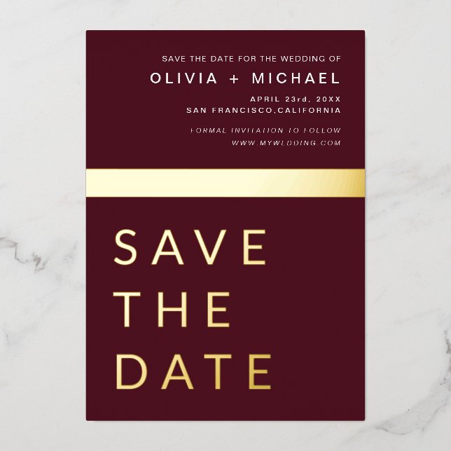 Burgundy Gold Save the Date Elegant Foil Invitation (Front)