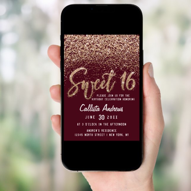Burgundy Gold Scattered Glitter Ombre Sweet 16 Invitation (Front Digital)