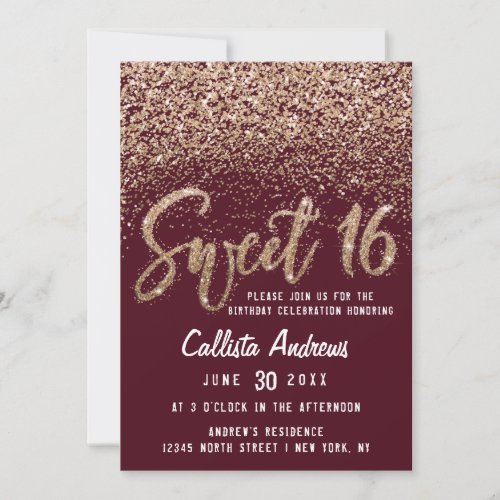 Burgundy Gold Scattered Glitter Ombre Sweet 16 Invitation