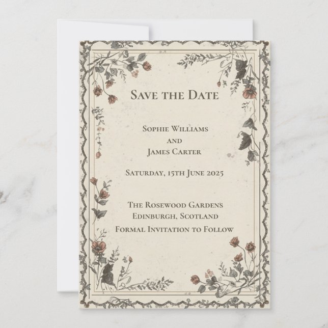 Burgundy Gold Scottish Save the Date Card | Rich D (Front)