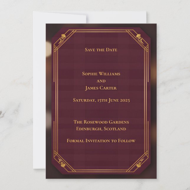 Burgundy Gold Scottish Save the Date Card | Rich D (Front)