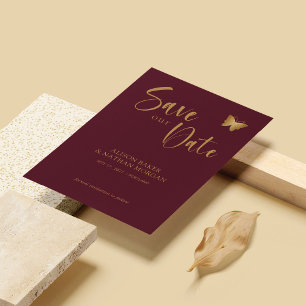 Burgundy & Gold Script: Glitter Butterfly Wedding  Save The Date