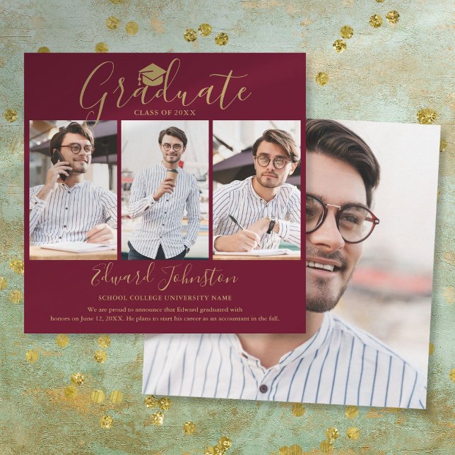 Burgundy Gold Script Graduate 4 Photo Graduation A Announcement (Creator Uploaded)