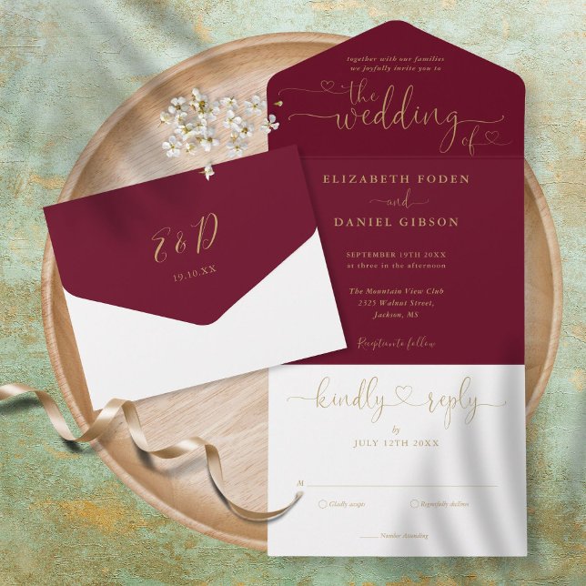 Burgundy Gold Script Hearts Minimalist Wedding  All In One Invitation (Creator Uploaded)