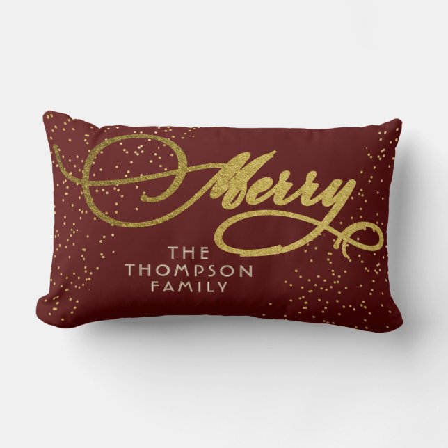 Burgundy Gold Script Merry Bright Family Christmas Lumbar Pillow (Front)