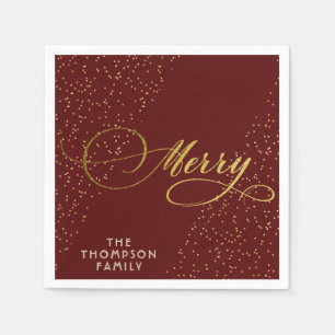 Burgundy Gold Script Merry Bright Family Christmas Napkins