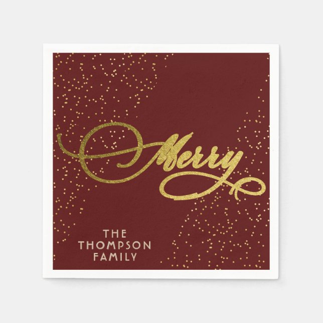 Burgundy Gold Script Merry Bright Family Christmas Napkins (Front)