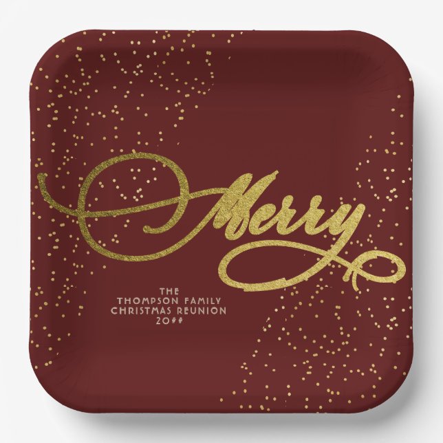 Burgundy Gold Script Merry Bright Family Christmas Paper Plates (Front)