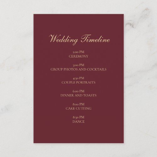 Burgundy Gold Script Minimal Wedding Timeline Card