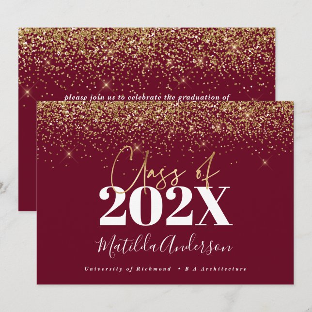 burgundy gold script modern elegant graduation  invitation (Front/Back)