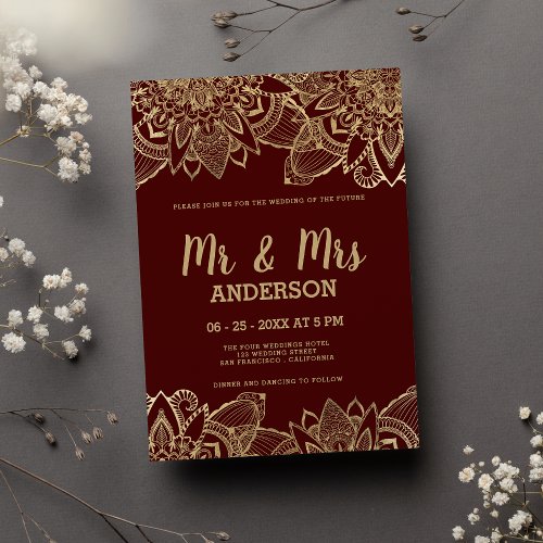 Burgundy gold script MR MRS mandala theme wedding Invitation
