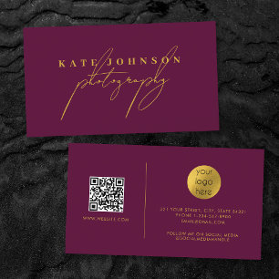 Burgundy Gold Script QR Code Social Media Business Card