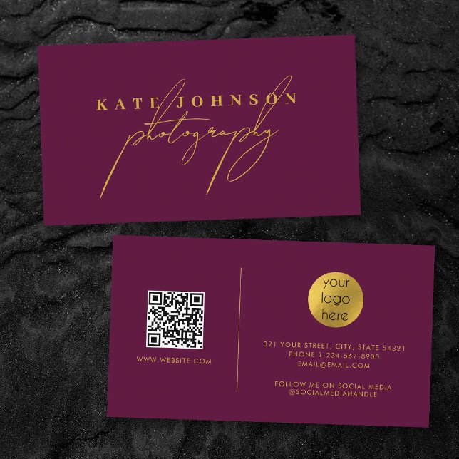 Burgundy Gold Script QR Code Social Media  Business Card (Burgundy Gold Script QR Code Social Media Business Card)