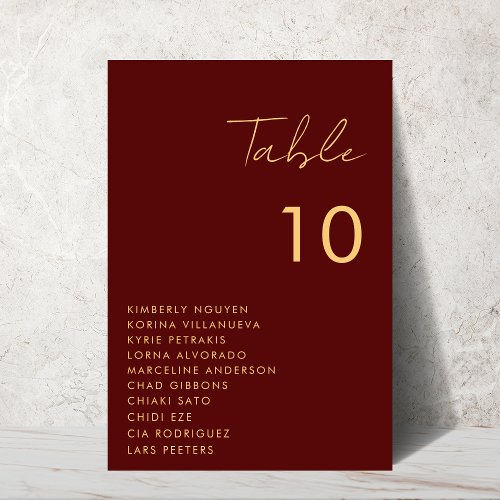 Burgundy Gold Script Seating Chart Names Wedding Table Number