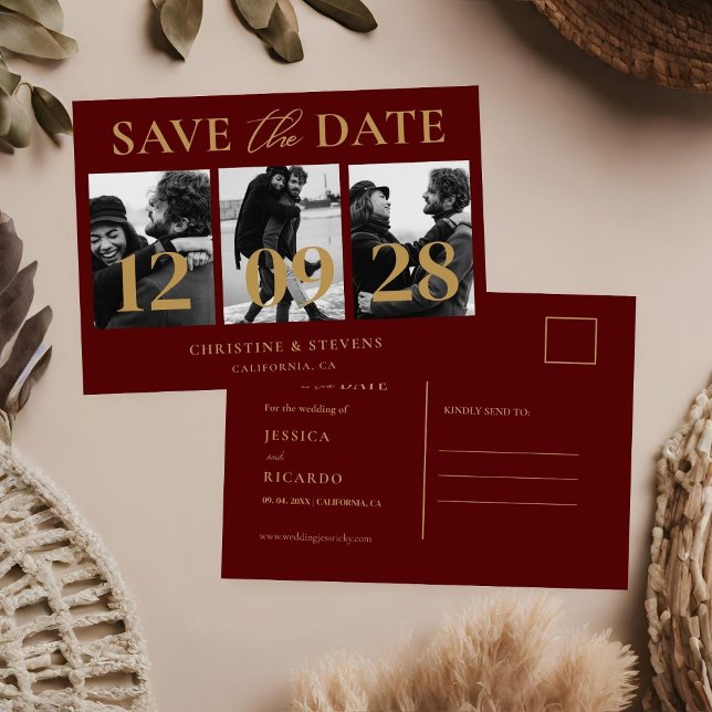 Burgundy & Gold Script Wedding Save The Date Invitation (Creator Uploaded)