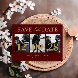 Burgundy & Gold Script Wedding Save The Date Photo Postcard