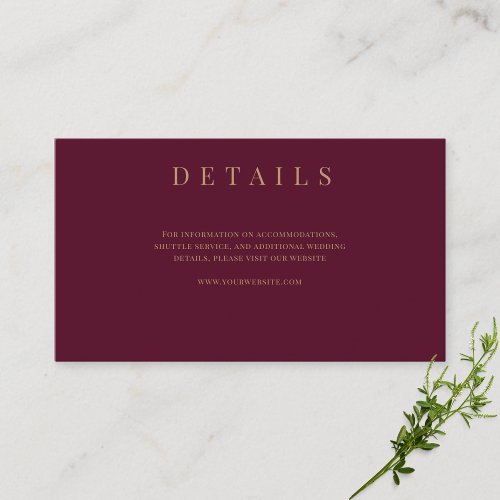Burgundy  Gold Simple Formal Wedding Details Enclosure Card