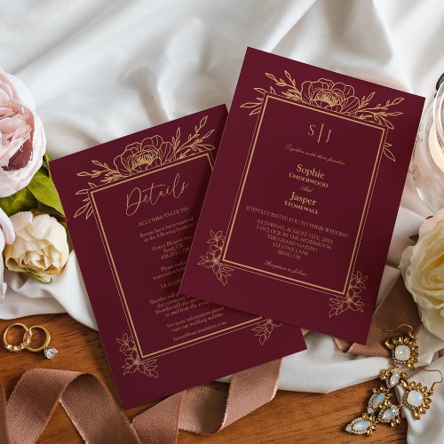 Burgundy Gold Simple Monogram All In One Wedding Invitation