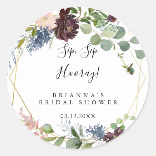 Burgundy Gold Sip Sip Hooray Bridal Shower Classic Round Sticker