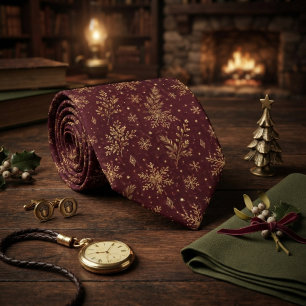 Burgundy Gold Snowflake Christmas Neck Tie