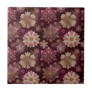 Burgundy Gold Snowflakes Elegant Christmas Floral Ceramic Tile