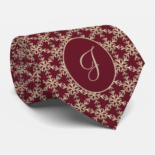 Burgundy Gold Snowflakes Pattern Monogrammed Neck Tie (Rolled)