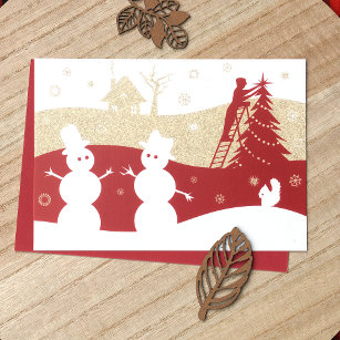 Burgundy & Gold Snowmen Holiday Card