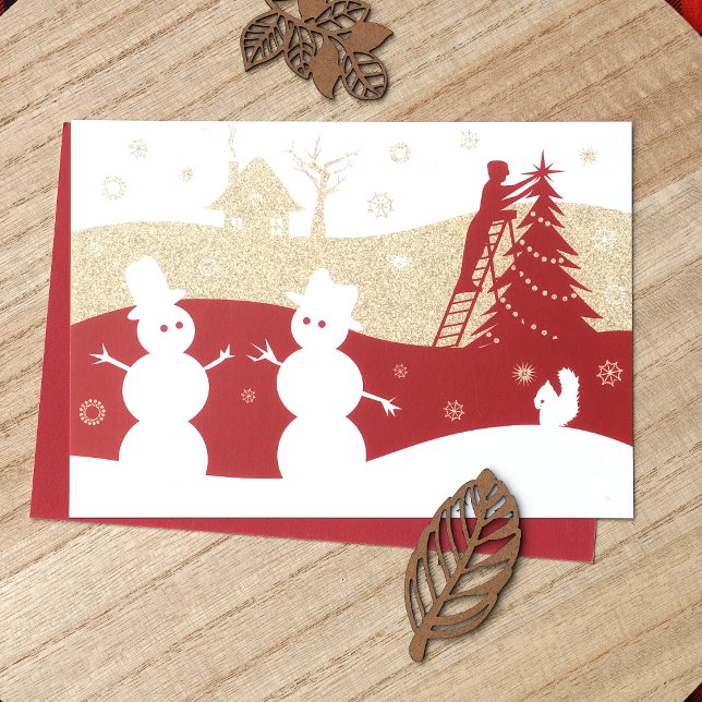 Burgundy & Gold Snowmen Holiday Card (Rustic Burgundy, Red, Gold Company Holiday Christmas Cards, Snow Village Snowmen)