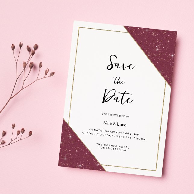 Burgundy gold sparkle glitter Save the Date Invitation (Burgundy gold sparkle glitter Save the Date )