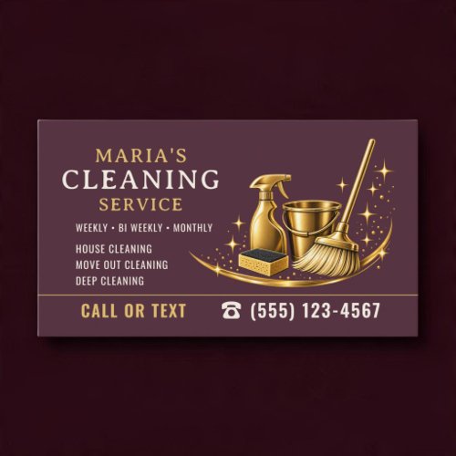 Burgundy Gold Sparkle Maid House Cleaning Business Card
