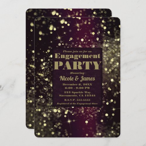 Burgundy Gold Sparkling Lights Glam Engagement Invitation
