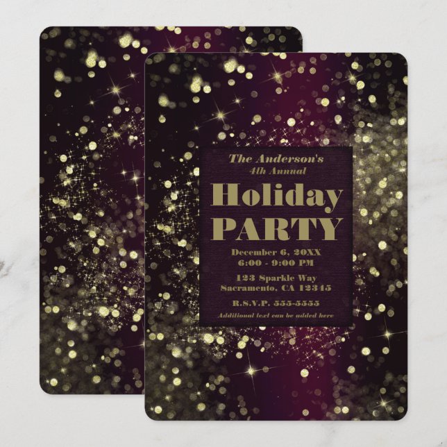 Burgundy Gold Sparkling Lights Glam Holiday Party Invitation (Front/Back)