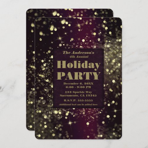 Burgundy Gold Sparkling Lights Glam Holiday Party Invitation