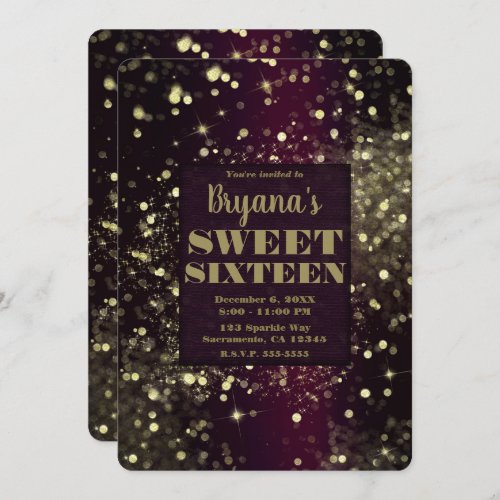 Burgundy Gold Sparkling Lights Glam Sweet 16 Party Invitation