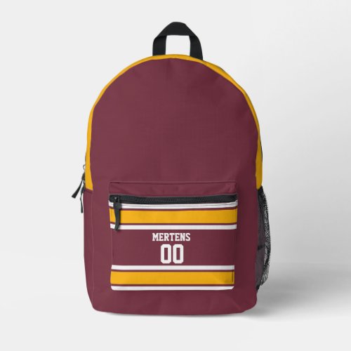 Burgundy  Gold Sports Striped Jersey Team Name Printed Backpack