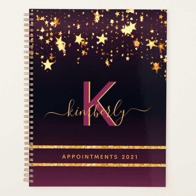 Burgundy gold stars black glitter monogram 2025 planner (Front)