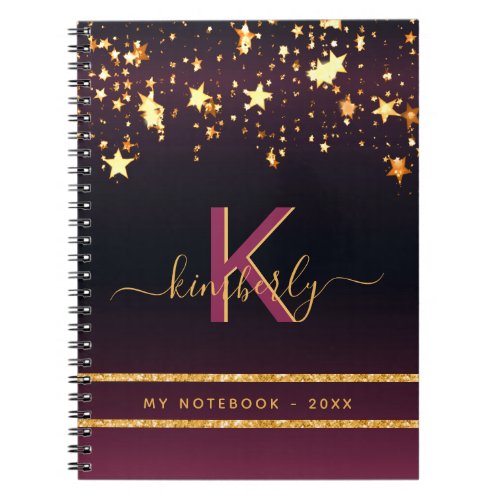 Burgundy gold stars black glitter monogram chic notebook