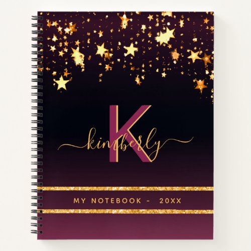 Burgundy gold stars black glitter monogram chic notebook