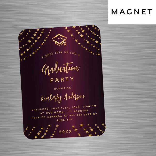 Burgundy gold stars graduation party invitation magnet (Creator Uploaded)