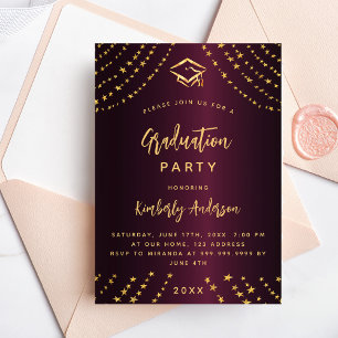 Burgundy gold stars graduation party modern year invitation