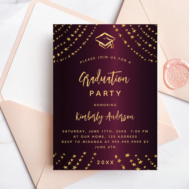 Burgundy gold stars graduation party modern year invitation postcard (Creator Uploaded)