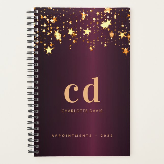 Burgundy gold stars monogram 2026 planner (Front)