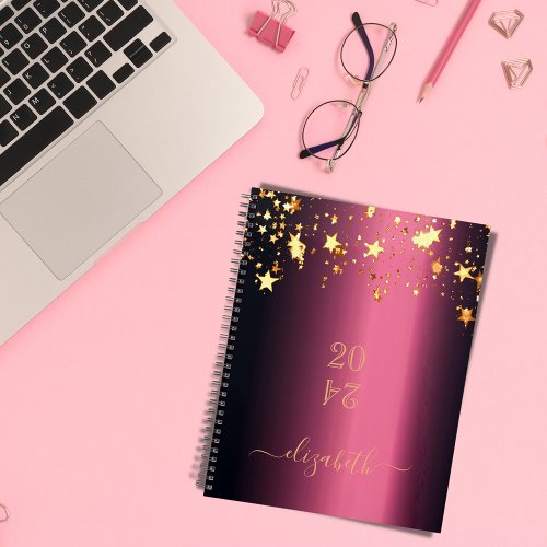 Burgundy gold stars monogram name 2024 planner