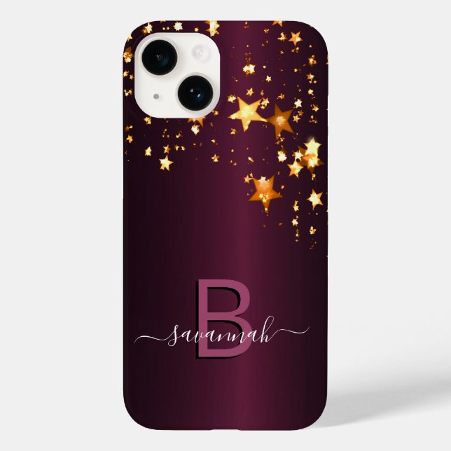 Burgundy gold stars monogram name elegant Case-Mate iPhone case (Back)