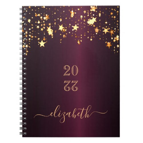 Burgundy gold stars monogram name  notebook