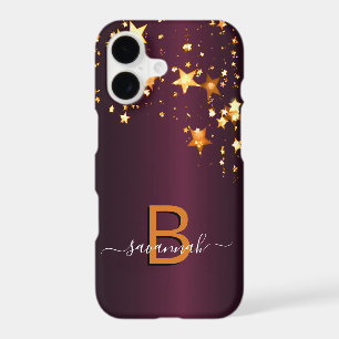 Burgundy gold stars monogram name script iPhone 17 case