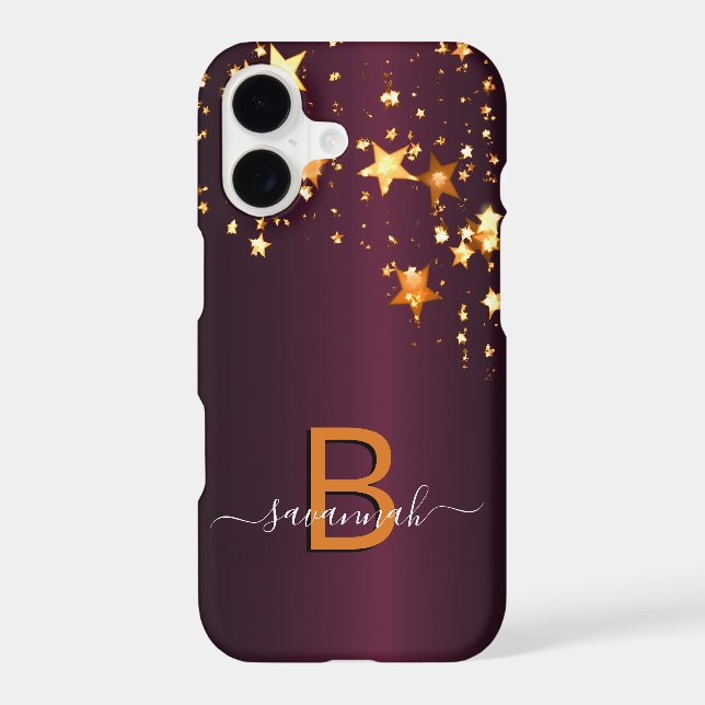Burgundy gold stars monogram name script Case-Mate iPhone case (Back)