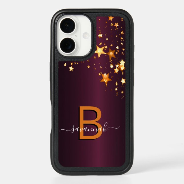 Burgundy gold stars monogram name script otterbox iPhone case (Back)