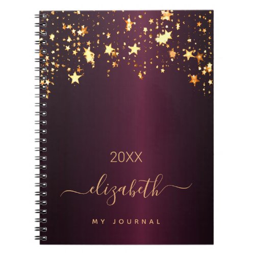 Burgundy gold stars monogram name year notebook